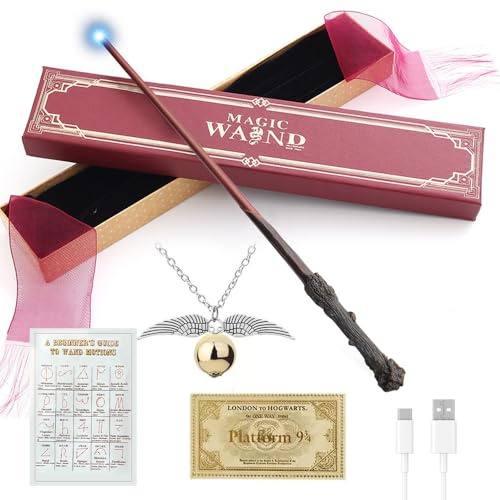 DAJASD H-arry P-otter Magic Wand, 5PCS USB Rechargeable Light Up H-arry P-otter Wand with Snitch Necklace, 38CM Magic Wizard Wand with Realistic Details for Toys Fans, Costume Accessory Collectables