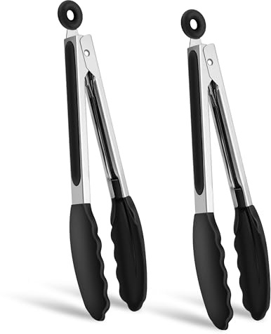 Vonsera Kitchen Tongs, 9 Inch Cooking Tong Silicone for Kitchen, 2 Pack Food Tongs with Locking Clip for Air Fryer, BBQ, Salad, Grill, and Serving, Non-Stick, Heat Resistant - Black