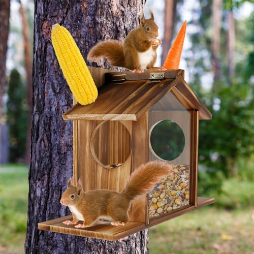 Eichhörnchen Futterhaus Wetterfest Holz Eichhörnchen Futterstation Hängend mit A-Förmige Decke 2 Eingänge Verlängerter Boden Transparentes Futterstation Draußen zur Montage An Bäumen Zäunen