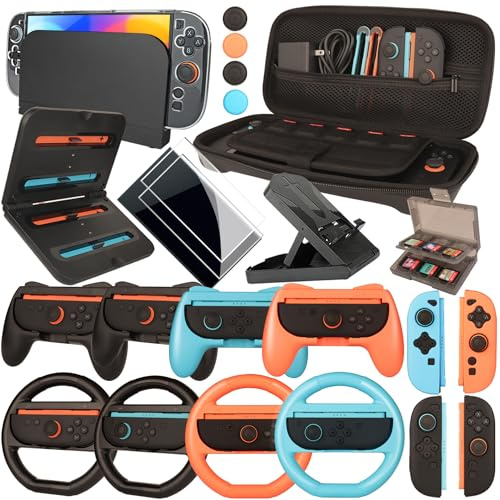 Accessories for Switch 2 - Family Bundle for Nintendo Switch 2,Carry Case,Portable Joy Con Charger,4 Pack Steering Wheels and Hand Grips,Dockable Case Kit,Stand and More