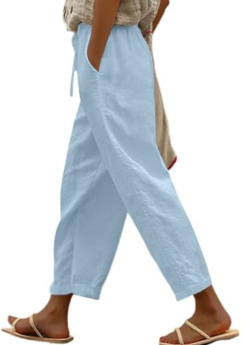 Yutdeng Pantalon en Coton et Lin pour Femme Fluide été Décontracté Pantalon Léger avec Poches Pantalon 7/8 à Cordon Élastique Ample Respirant Pantalon Large Pantalon de Plage Mode Pants