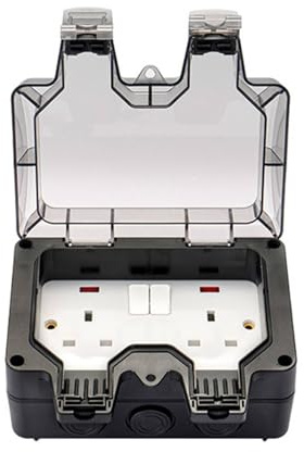 EVERGOODS Outdoor Waterproof Socket IP66, 13A Double Switched Plug Socket with Cover, Weatherproof Wall Electrical Outlet, 2 Gang Power Socket Box for Garden, Garage & Outdoor Use Black