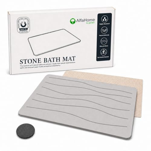 AlfaHome - Alfombra Diatomita Baño 60x40 cm Secado Rápido, Alfombrilla Baño con Tapete Antideslizante y Lija, Alfombra de Baño ecológica para Ducha o Bañera - (Gris Claro)