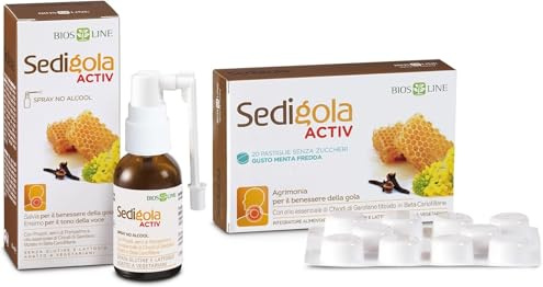 BIOS LINE Sedigola Activ Spray 30ml + Sedigola Activ 20 Pastiglie Menta - Integratore Alimentare per il Benessere della Gola, Tono della Voce, con Propoli e Oli Essenziali