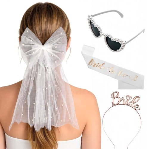 JGA Accessoires Set 4-teilig, Brautschleier mit Perlen Bride to Be Schärpe Krone Herz-Sonnenbrille, Brautparty Deko Geschenk für Junggesellinnenabschied Frauen