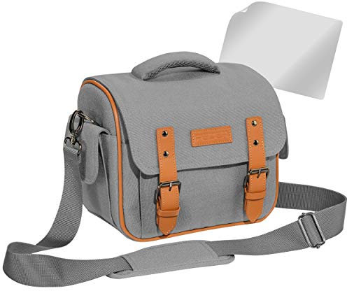 PEDEA DSLR-Kameratasche Vintage mit Displayschutzfolie für Panasonic Lumix DMC-G2 / Pentax K-S2 / Ricoh GR II / Sony Alpha 68 / Canon EOS 6D Mark II 80D 750D 800D 1000D 4000D, Gr. XL grau