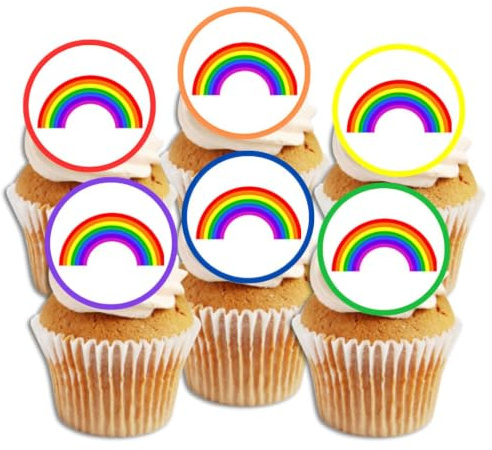 Rainbow Edible Cupcake Toppers – 24 x 4cm/1.5 Inch Bright Colourful Party Decorations for Pride, Birthdays & Celebrations, Unicorn Sprinkles Topper (PRECUT)