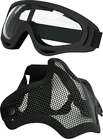 Aoutacc Airsoft Half Face Mask Steel Mesh and Goggles Set, Tactical Masks Protection Gear for Paintball BBS CS Nerf Game Cosplay Halloween Costume Accessories (Black)