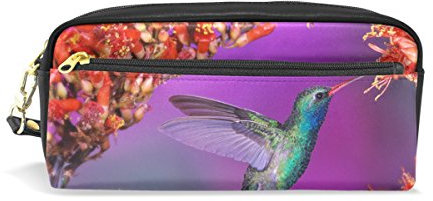 Eslifey Kolibri Rote Blumen tragbare Tasche PU Leder Schulstifteetui Stifteetui Stiftebeutel für Kinder Wasserdicht Kosmetik Tasche Make-up Beauty Case