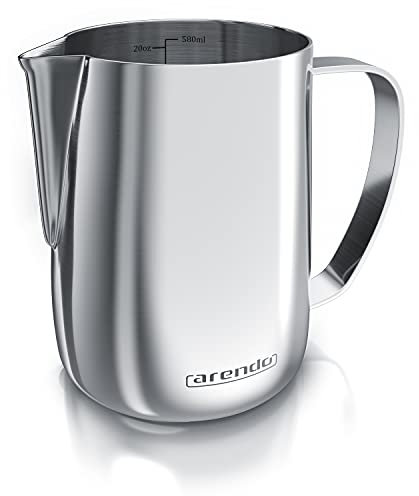 Arendo - Milchkännchen Edelstahl 600ml - Aufschäumer Kännchen – Milchkanne – milk pitcher - rostfreier Edelstahl – zum Milch Aufschäumen – spülmaschinenfest - Messskala - für Barista Cappuccino Latte