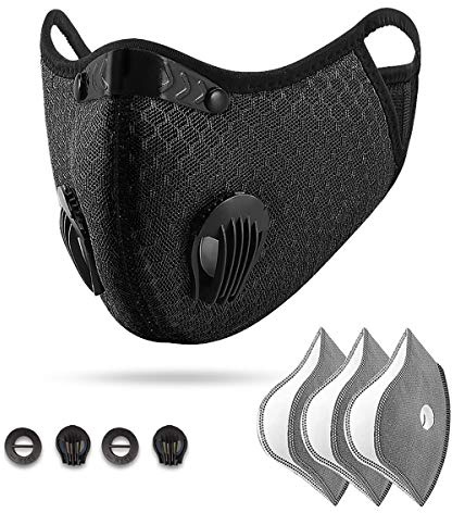 Sportmaske / Gesichtsmaske für Fahrrad, mit 3 Aktivkohlefiltern und 2 Ventilen, Staubmaske gegen Verschmutzung, Outdoor, Laufen, Auspuffmaske, schwarz