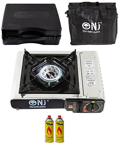 NJ-500 Portable Camping Gas Stove Single Burner Stainless Steel Outdoor Butane Canisters (Stove + 2 Canisters)