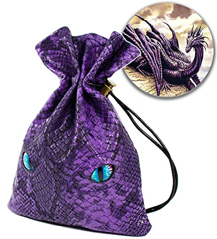 Byhoo Würfelbeutel für 6 Würfel-Sets, große Drachenaugen, Violette feurige Drachen-Würfel-Aufbewahrungstasche aus Leder für DND, Brettspiele, Münzen, Fantasy-RPG-Spiele, Spielzubehör, Kordelzugbeutel