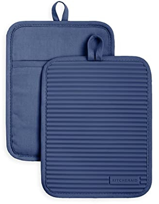 KitchenAid Ribbed Soft Silicone Pot Holder 2-Pack Set, Blue Willow, 7x9
