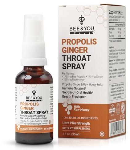 Bee and You Propolis Ginger Raw Honey Soothing Throat Spray, Ultra Pure, Immune Support Supplement, Oral Health, Antioxidants, Keto, Paleo, Gluten-Free, 1 Fl Oz