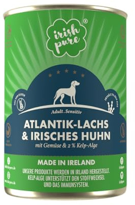 Irish Pure Premium Nassfutter für Hunde | 6X 390g | Atlantik-Lachs | Vitamine | Getreidefrei | Sensitiv | mit Superfood Kelp-Alge | Nassfutter für alle Rassen