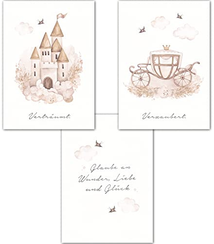 double critical Lemmami Papeterie 3er Set Boho Deko Wandbilder Kinderzimmer Babyzimmer Poster Bilder Mädchen Jungen (Märchen Schloß Kutsche Pinzessin)