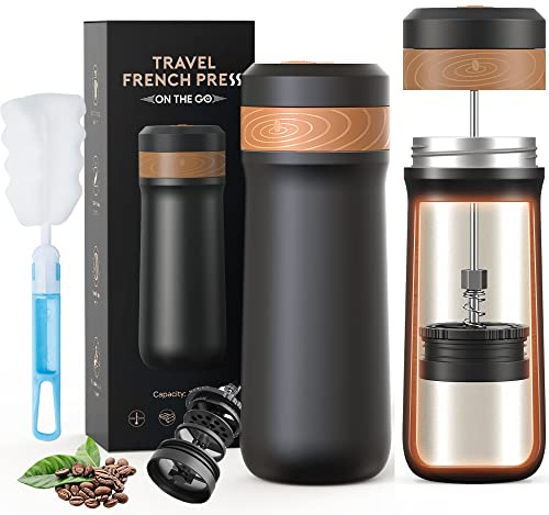 Sesama Classic Portable French Press Coffee & Tea Mug 12 oz with Carry Loop, Stainless Steel French Press Coffee Maker, BPA Free Great for Camping and Travel