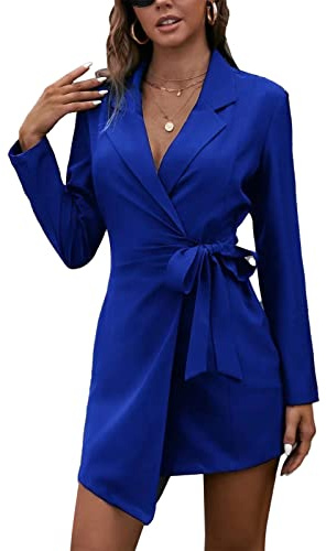 Vestidos Tipo Blazer para Mujer Solapa Turn Down Coller Tie Belted Dress Elegante Manga Larga con Cuello en V Wrap Dobladillo Traje Blusa Vestido Trabajo Oficina Vestidos(S-Azul)