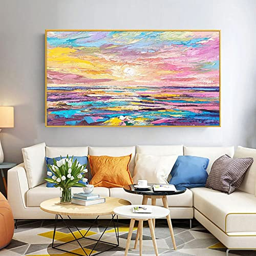 Ölbilder Auf Leinwand Handgemalt,Extra Großes 100% Handgezeichnetes Strukturiertes Kunstwerk, Buntes Abstraktes Sonnenaufgang Ungerahmtes Acrylgemälde, Pop Coole Gemälde Kunstwand Wohnzimmer Schl