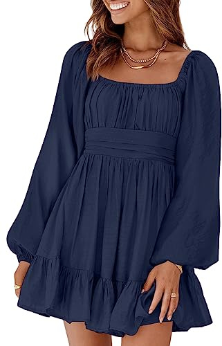 Dokotoo Spring Dresses for Women 2026 Square Neck Tie Backless Sexy Dress Long Lantern Sleeve Ruffle A-Line Mini Dress Shirred Elastic Waist Dark Blue Casual Dresses Medium