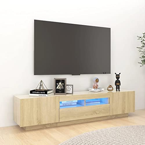 FIRBNUS Armario TV Color Roble Sonoma 180x35x40 cm Mueble TV Madera Con Luces LED Para Salón Moderno