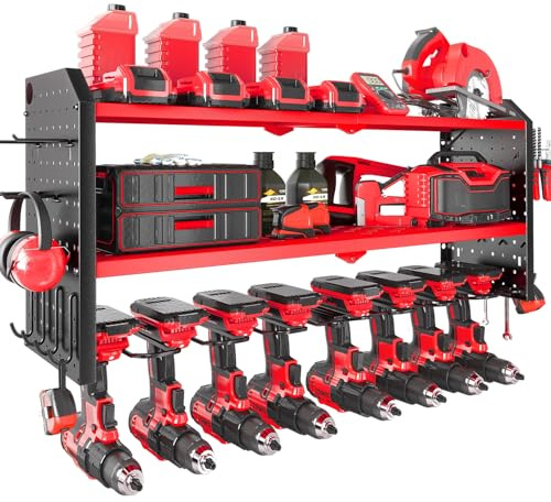 KAFAHOM Power Tool Organizer, Large 8 Drill Holder Wall Mount with 2 Side Pegboards, Heavy Duty Metal Tool Shelf with 12 Hooks, Storage Rack for Garage Organization, Utility Battery Shelves - Red