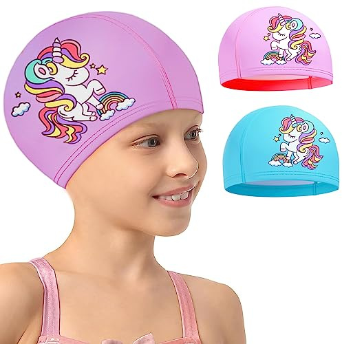 Echehi 2pcs Unicorn Swimming Cap for Kids, Waterproof Polyester Girls Swimming Cap
