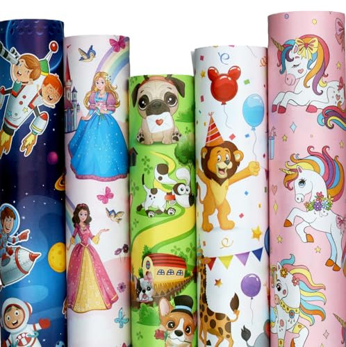 artwelten Home & Style Geburtstagspapier Kinder 5 Rollen Set 200 cm x 70 cm je Rolle Geschenkpapier Mädchen Jungen Blau Rosa Mops Hunde Kosmos Prinzessin Einhorn Pinkes Grünes