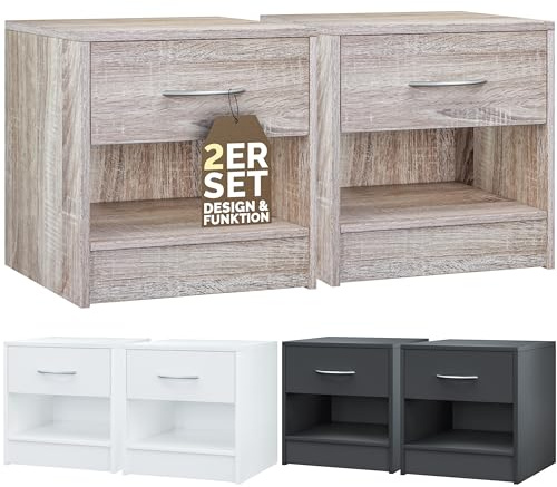 CASARIA® Mesita de Noche Juego de 2 Mesilla Dormitorio Cama Mesa Auxiliar Salón con Cajón Amplio Moderno Resistente Estable 41x39x28cm Mueble Roble