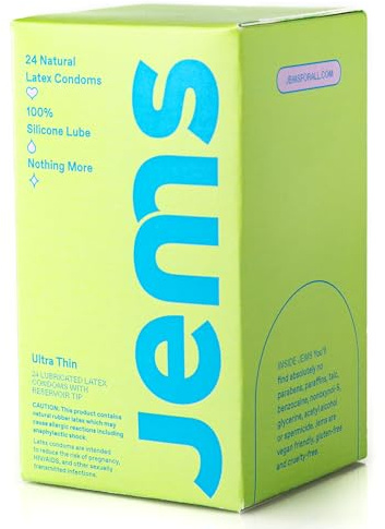 Jems Ultra Thin Condoms, Natural Latex with 100% Silicone Lube, Standard Fit, High Sensitivity, Odorless, Vegan Condoms and Free of Harmful Additives — 24 Pack