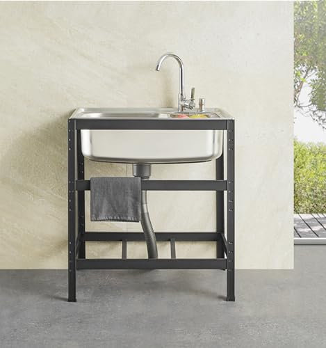 Lavello in Acciaio Inox Autoportante 1 Vasca,Lavandino Commerciale con Rubinetto Lavello da Cucina Professionale per Cucina, Ristorante, Bar, Caffè, Garage, Interno e Esterno 48x35x75cm