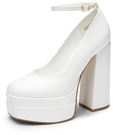 DREAM PAIRS Zapatos de tacón alto con plataforma para mujer, puntera cerrada, bloque grueso, puntera cuadrada, correa al tobillo, vestido de moda para fiesta, Y2K, Blanco-poliuretano, 38.5 EU