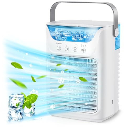 Climatisation portable 4 en 1, humidificateur portable et ventilateur de table avec 700 ml/2 brouillard froid/3 temps automatiques/7 couleurs veilleuse de nuit