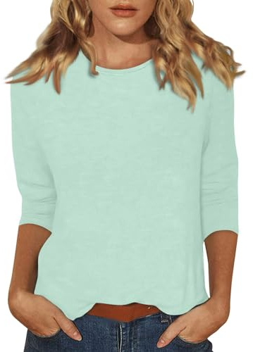 Summer Tops for Women UK Womens Lightweight Solid Color Tops 3/4 Sleeve Casual Gym Fashion Daily T-Shirts Ladies Summer Round Neck Blouses 05-Mint Green S
