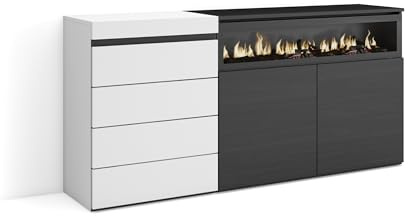 Skraut Home | Kommode mit Schubladen | Aufbewahrungsschrank | 157x75x35 cm | Für Schlafzimmer, Zimmer | Elektrokamin. | Moderner Stil | Weiß und Schwarz