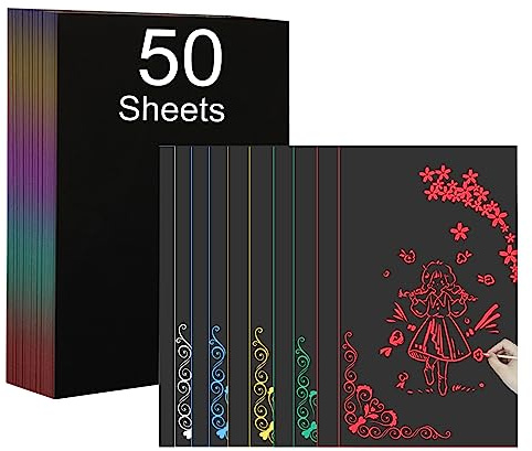 50 Blätter Kratzkunst-Papier, A4 Magisches Kratzpapier Kratzbilder 5 Farben Regenbogen Kratzpapier, Scratch Art Paper Magic Scratch off Papierkunst Zum Lasergravur, Zeichnen Und DIY Basteln (5 Farben)