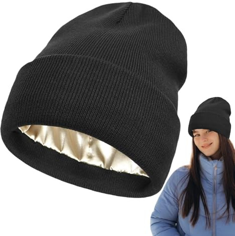 Satinfodrad vintermössa hattar, satinfodrad mössa vintermössor, stickad klockhatt med sidenfoder, silkesfodrad slouchy mössa, stretchig stickad manschett hatt med silkeslent foder, unisex skalle