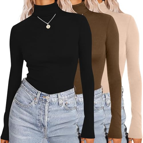 Ekouaer Långärmad damtröja med polokrage basic slim fit toppar 3 st, S-XXL, Svart/kaki/brun, S