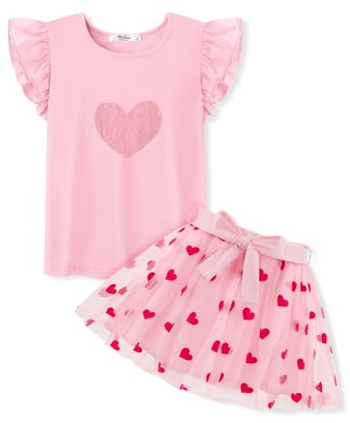 Arshiner Vestito da Bambina Estivo Rosa Maniche Balze T-Shirt con Gonna in Tulle Set di Abbigliamento Bambini Festivo Vestito alla Moda Vestito da Festa di Compleanno con Cintura 5-6 Anni