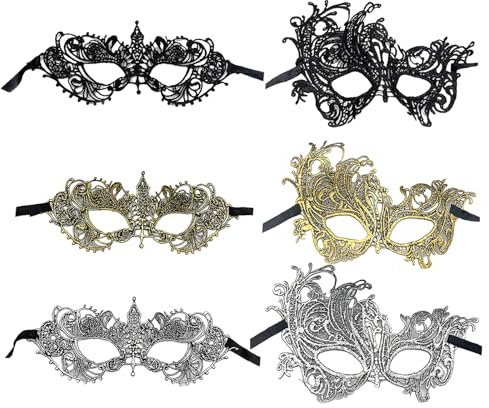GIEEU 6 pièces Masque de mascarade Masque de bal en dentelle Masque de carnaval Masque vénitien Demi-masque de visage vénitien pour costume de fête Cosplay femmes