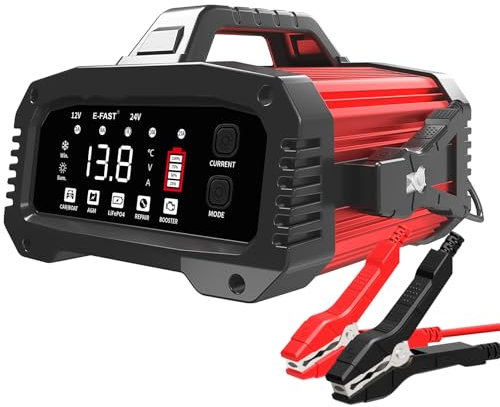 YIFASITE 25A Caricabatteria da Auto, 12V/24V Automatico Caricabatteria da Auto con Display LCD, Caricabatteria Intelligente per Automobili Aggiornato per Batterie AGM/LiFePO4, Moto, Barche e Roulotte