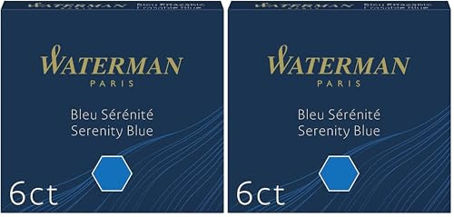 Waterman Fountain Pen Refill Ink Cartridges | Standard International (Short) | Serenity Blue | 6 Count (Pack of 2)