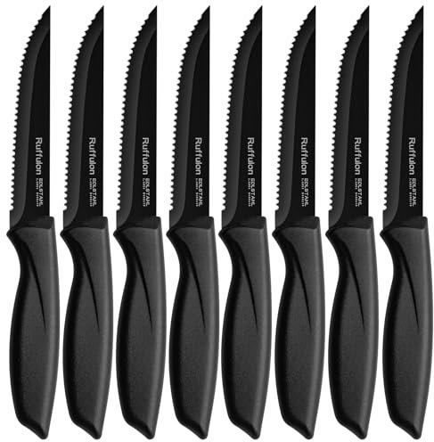 Ruffulon Coltelli da Cucina, Set di 8 Pezzi di Coltelli da Bistecca,Coltello da Tavola Ultra Affilato,Posate in Acciaio Inox,Coltello Bistecca Seghettato Nero,Coltelli da Cucina Professionali