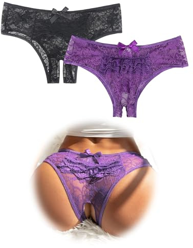 ohmydear Sexig tanga-stringtrosa, dam, sexig chic blommig spets, trosor och öppna trosor, underkläder, sömlösa andas korta trosor, sexig outfit, underkläder, M