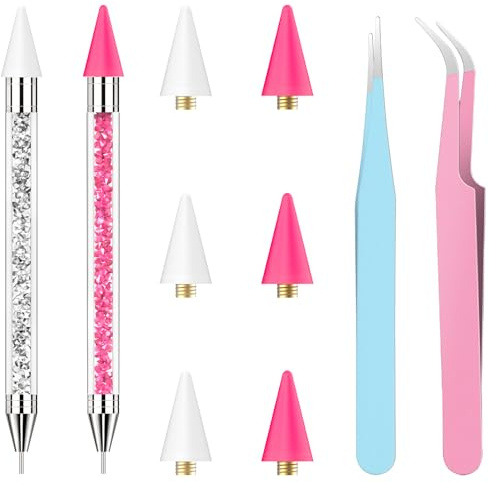 OIFEN Rhinestone Picker Tool,2 Wax Pencil for Rhinestones, Dual-Ended Rhinestone Applicator Wax Pen Gem Picker Tool with 6 Extra Wax Tips and 2 Tweezers (Pink+White)