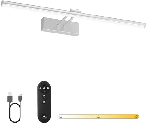 Bath Mirror Wall Light with Remote, 60cm Picture Light Rechargeable 5400mAh Battery, 3 Colors & Adjustable Angle, Dimmable and Timer Art Lamp for Vanity,Display,Bathroom (Nickel, 60cm)