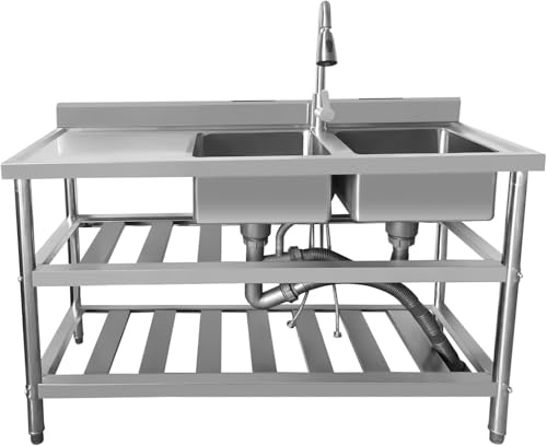Vivrhintty Free Standing Kitchen Sink with Workbench, Stainless Steel Utility Sink with Set for Commerical, Outdoor, Garage, Laundry Room Use (47.24D x 17.72W x 31.89H)
