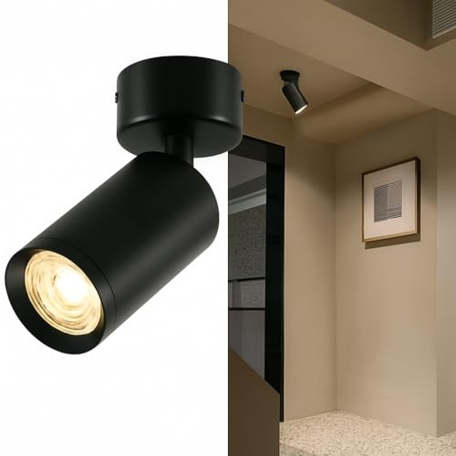 Alpinaluz Foco Techo Pared GU10 Cilíndrico Negro Orientable 360° | Aluminio negro mate compacto para dormitorio, salón, pasillo, cocina, recibidor y zona de lectura