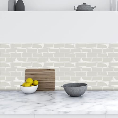 Stick on Tiles 12x24 cm Geometric Beige Gray Tile Stickers for Kitchen Bathroom Cupboard Decoration PVC Waterproof Oil Proof Peel and Stick Self Adhesive Wall Tiles 30 Pcs